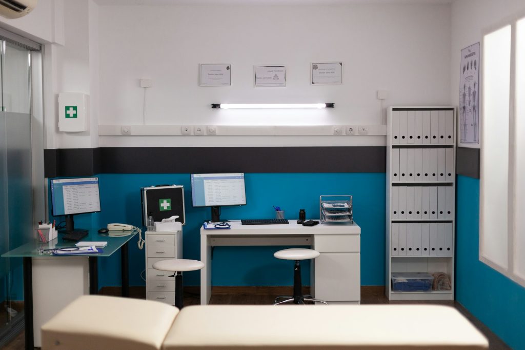 Empty hospital office with nobody in it having modern professional furniture