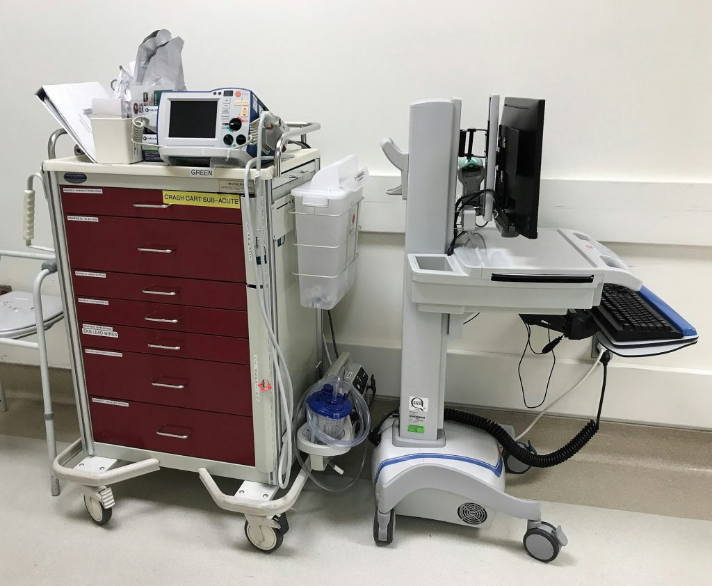 Life saving Medical equipment ready for use in a hospital emergency room